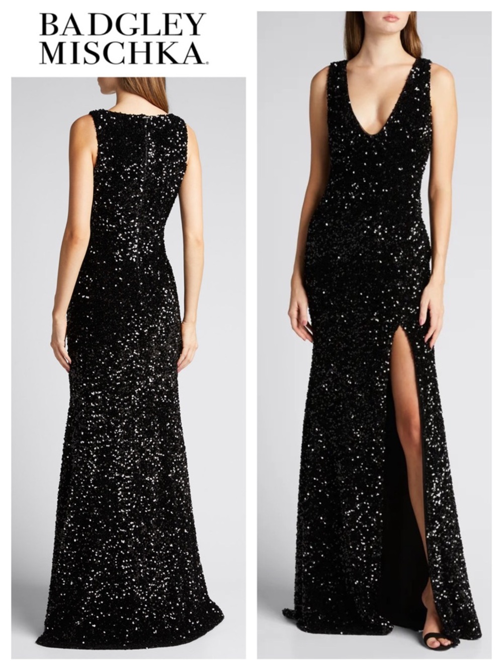 BADGLEY MISCHKA Velvet Sequin Slit Gown